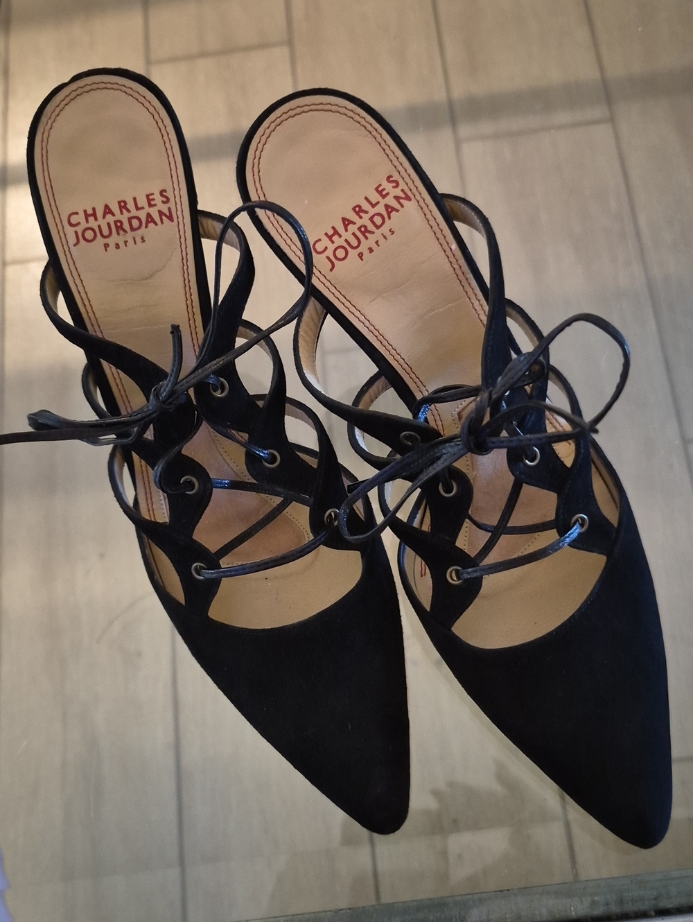 Charles Jourdan Paris Black Lace-Up Pointed Heels